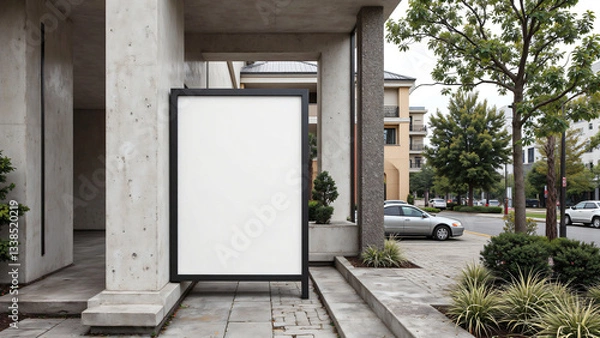 Obraz blank advertising billboard stands in urban setting, surrounded by modern architecture and greenery, inviting creativity and blank poster mockup