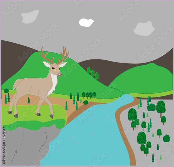 Fototapeta Beautiful deer and landscape mountains. Vector graphics