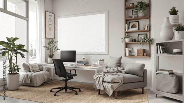 Fototapeta modern home office featuring stylish desk with computer, comfortable seating, and decorative plants. bright space is enhanced by natural light, creating cozy and blank poster mockup