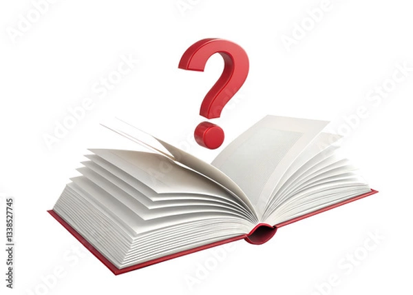 Obraz An Open Book with a Single Question Mark Floating Out of Its Pages on a Pure White Background