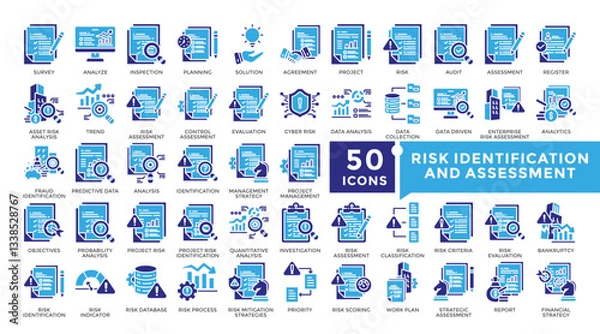 Fototapeta Risk identification and assessment icon set in Glyph style. Collection includes value, investigation, survey, analyze, planning and more. Simple vector icon collection