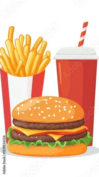 Fototapeta Delicious Cartoon Fast Food Combo Featuring Burger Fries and Soda on a Clean White Background Perfect for Digital Design Projects and Food Illustrations