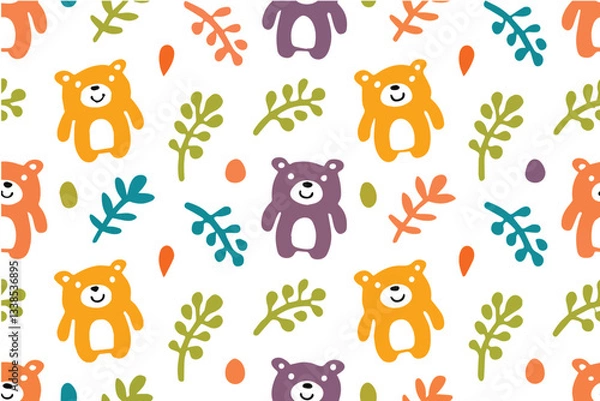 Fototapeta seamless pattern with funny animals,Seamless vector pattern of hand-drawn cute forest animal bear in a playful doodle style. Soft pastel colors, clean white background