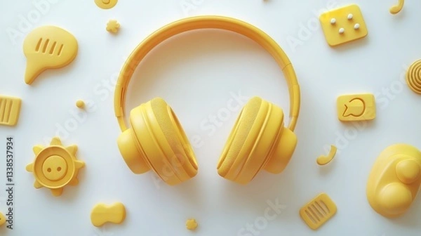 Fototapeta  Yellow Headphones Surrounded by Various Chat Icons – Isolated