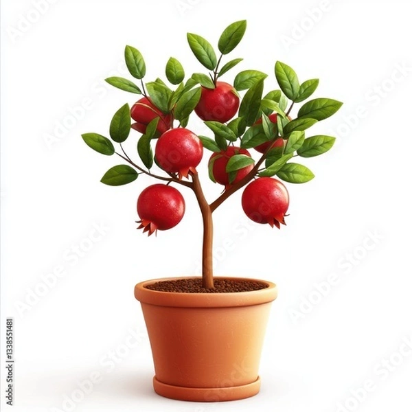 Obraz Pomegranate Tree in Pot with Bright Red Fruit and Lush Green Leaves for Garden Decor or Home Interior