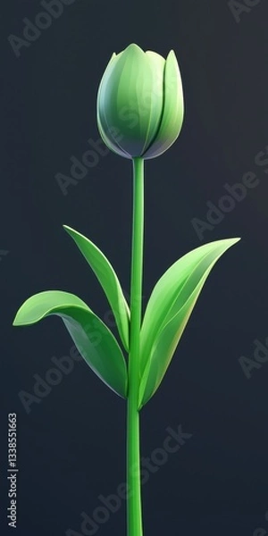 Fototapeta Vibrant Green Tulip Flower with Smooth Petals and Leaves on a Dark Background