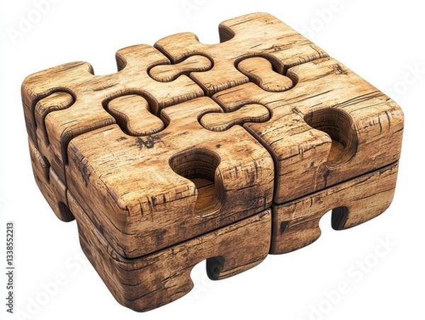 Fototapeta Unique Wooden Puzzle Pieces Stacked in an Artistic Arrangement on a White Background