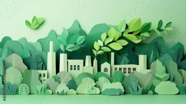 Fototapeta Paper art depicting a green landscape with a factory and lush foliage in a serene environment.