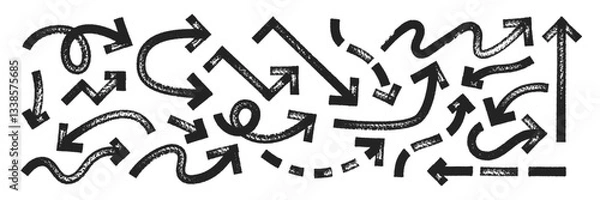 Obraz Set of doodle arrows with brush, crayon or marker texture. Elements of navigation or direction for design. Black vector illustration isolated on a white background.