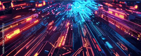 Fototapeta Futuristic neon cityscape with digital data streams and vibrant light trails.