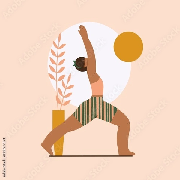 Fototapeta Hatha Yoga Surya Namaskar – Digital Illustration of a Woman Practicing Yoga in a Calm Natural Setting
