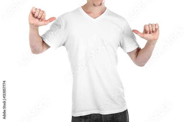 Fototapeta Man pointing at blank t-shirt