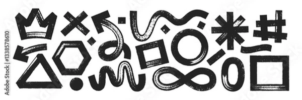 Obraz Set of geometric shapes with brush, crayon or marker texture. Crown, heart, infinity and rectangle with sketch lines. Black vector illustration isolated on a white background.