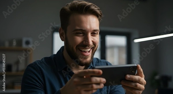 Fototapeta Gamer's Joy: A young man engrossed in a mobile game, his face alight with happiness and excitement. Captured in a candid moment of leisure.