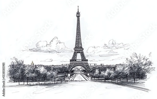 Fototapeta Line drawing of famous world landmarks on a white background, depicted in a handdrawn sketch style, representing travel concepts