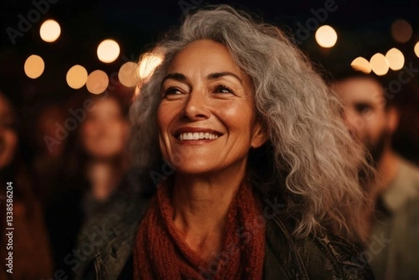Fototapeta Joyful woman with curly gray hair enjoys the atmosphere at an evening outdoor event surrounded by warm lights