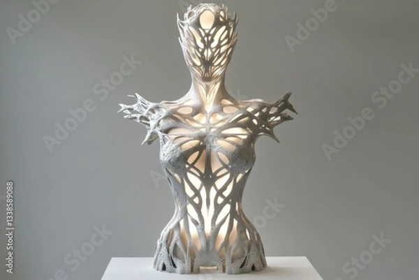 Fototapeta Intricate sculpture with organic patterns illuminating space in contemporary art gallery