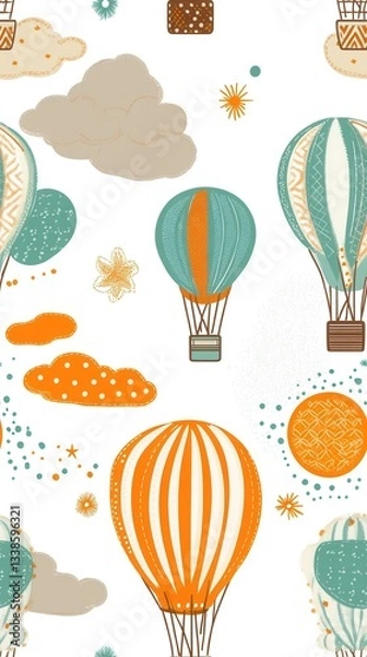 Fototapeta A whical seamless pattern featu vibrant hot air balloons soa through a pastel sky adorned with fluffy clouds and sparkling stars perfect for textile design or cheerful