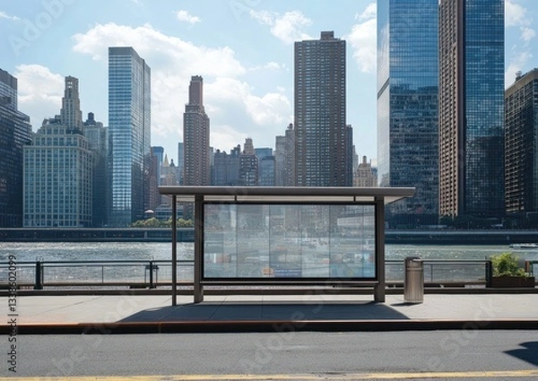 Fototapeta A mockup of an empty digital billboard on the side of a bus stop in New York City, with buildings and skyscrapers behind it