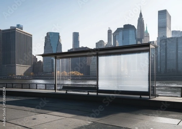 Fototapeta A mockup of an empty digital billboard on the side of a bus stop in New York City, with buildings and skyscrapers behind it