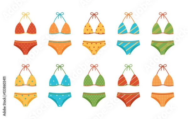 Fototapeta Colorful swimsuits set with different patterns. Fashion bikini collection. Bathing bras and panties. Women's clothes for summer vacation. Vector flat illustration isolated on white background