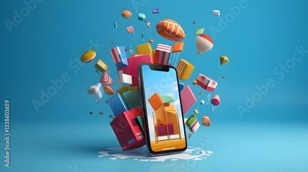 Fototapeta A Vibrant Explosion Of Gifts And Summer Fun Erupts From A Smartphone Screen, Celebrating Online Shoppings Joyful Surprises With A Bright Blue Backdrop And Playful 3d Elements