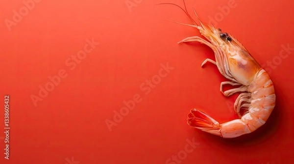 Fototapeta Single fresh cooked prawn on red background.