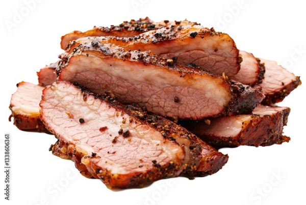 Obraz Sliced smoked brisket on a white background, showcasing texture