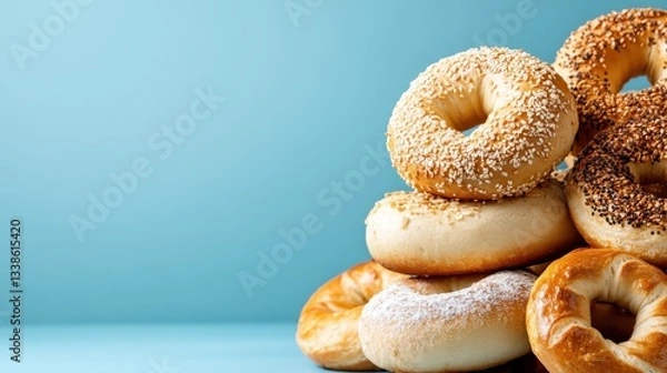 Fototapeta A vibrant pile of assorted bagels featuring different toppings, showcasing their delightful colors and textures against a calming blue background, ideal for any bakery or café.