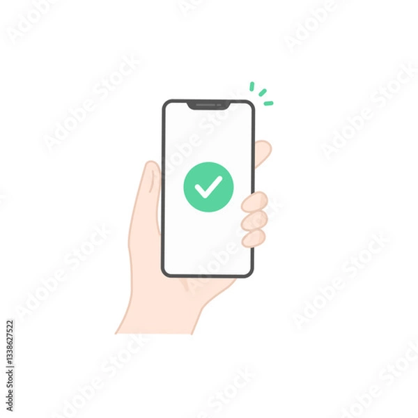 Fototapeta 手に持ったスマホに表示されたチェックマークの完了アイコン (線画・フラット)