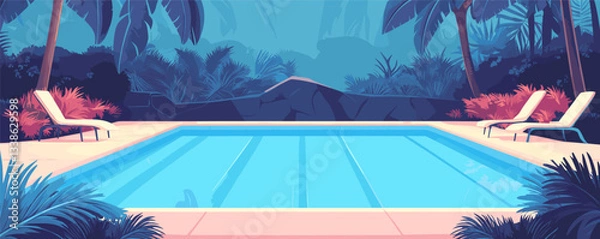 Fototapeta Tropical resort pool at night with palm trees and lounge chairs.