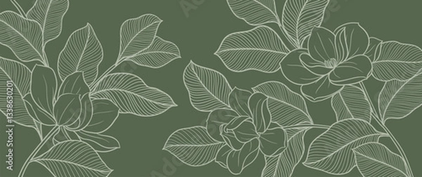 Obraz Botanical line art background vector. Natural botanical elegant with line art on green background. Design illustration for decoration, wall decor, wallpaper, cover, banner, card.
