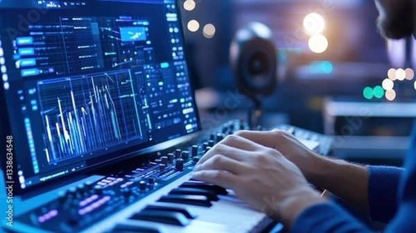 Fototapeta Modern Music Production With Keyboard And Software