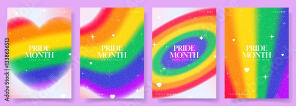Obraz Set of Pride Month posters. Vector aesthetic posters with blurry heart, rainbow gradient backgrounds and stars. LGBTQ flyers for decoration social media, events, holiday, parties.