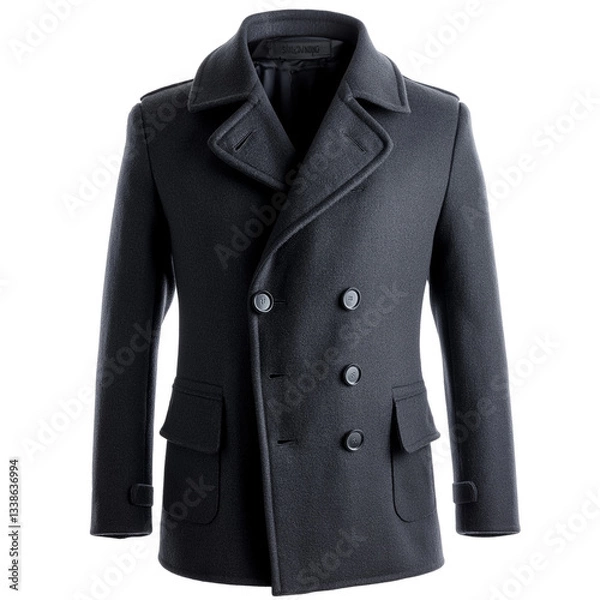 Fototapeta Wool-blend peacoat with anchor buttons isolated on transparent white background