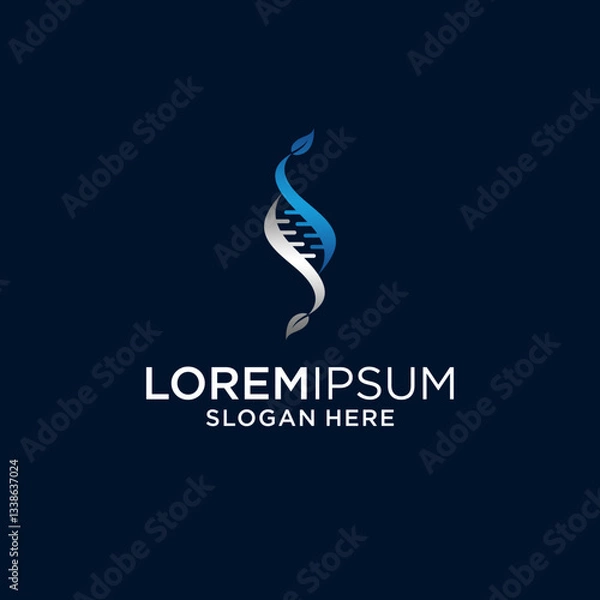 Fototapeta Abstract DNA Helix Logo Design with Silver and Blue Gradient on Dark Background