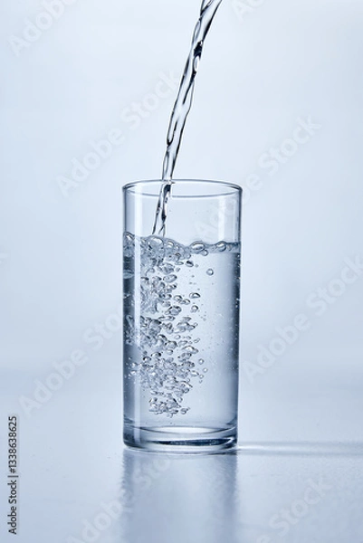 Fototapeta Close-up photo of transparent water being poured into a clear, cylindrical glass, showing bubbles and splashes, against soft background. Mock up. Concept of dynamic refreshment, diet.