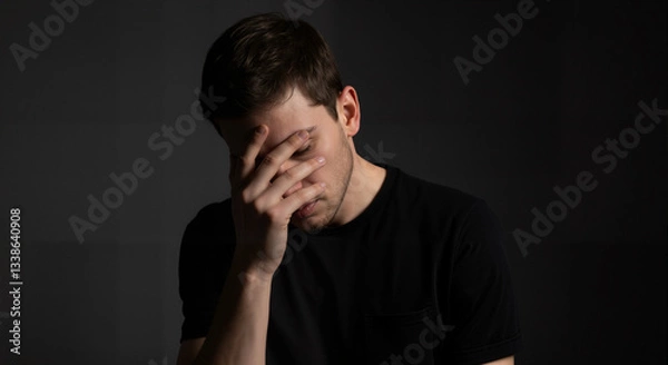 Fototapeta A man with averted eyes and protective posture reveals deep shame while trying to hide from judgment.