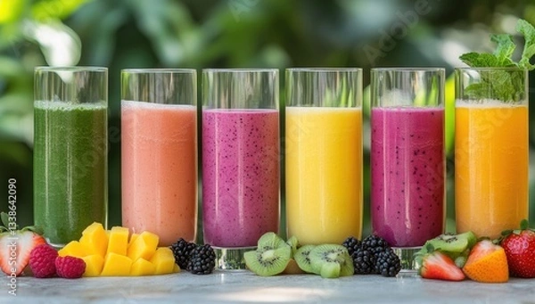 Fototapeta A row of colorful smoothies in glasses, each with different fruits and vegetables on the side, set against an outdoor backdrop.