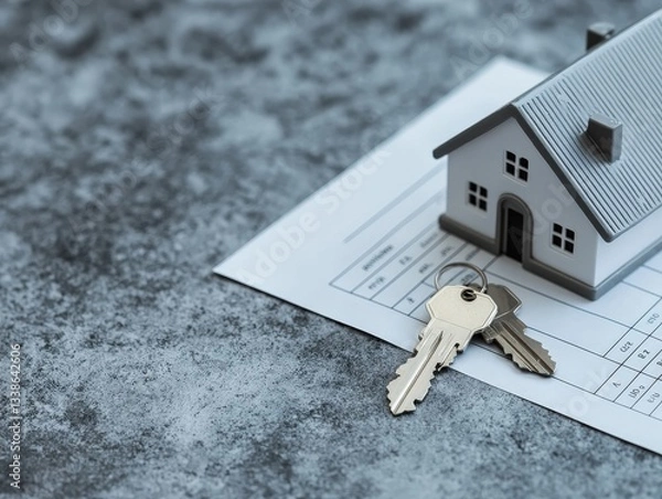 Obraz A model house accompanied by keys and paperwork, symbolizing real estate transactions and homeownership.