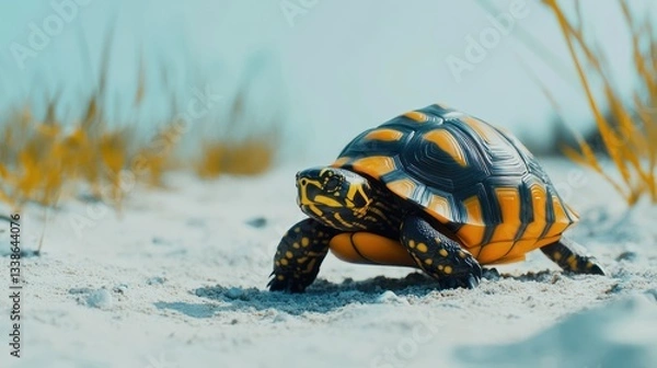 Fototapeta Turtle walking on sandy beach, sunny day, nature scene, wildlife, stock photo