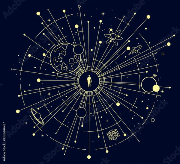 Fototapeta Human at the Center of Space and Technology – Cosmic Exploration. Cosmic astrology map with stars and constellations