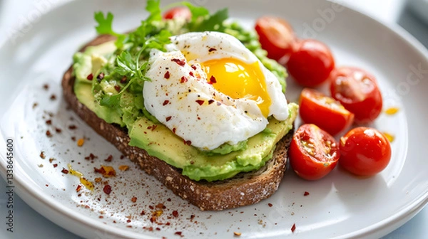 Obraz Healthy Avocado Toast with Poached Egg and Cherry Tomatoes: A Colorful Breakfast for Food Lovers and Egg Enthusiasts