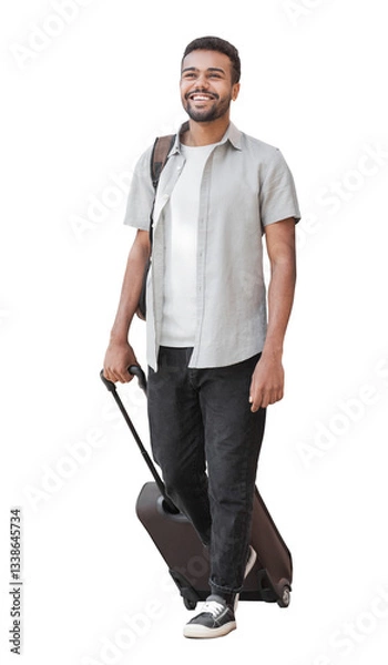 Fototapeta Handsome happy man full length portrait isolated transparent PNG, Young joyful smiling student men walking with suitcase isolated transparency.  Travel, tourism, summer holiday concept
