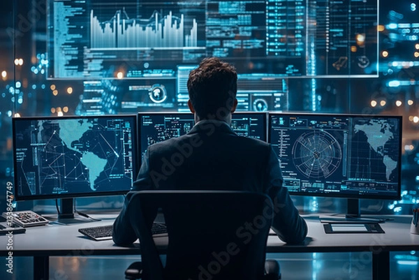Fototapeta A professional analyzing complex data on multiple screens in a modern workspace.