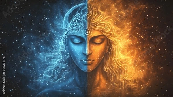 Obraz Shiva as Ardhanarishvara, a divine fusion of masculine and feminine energy, his half-body glowing in blue and red, symbolizing cosmic balance.