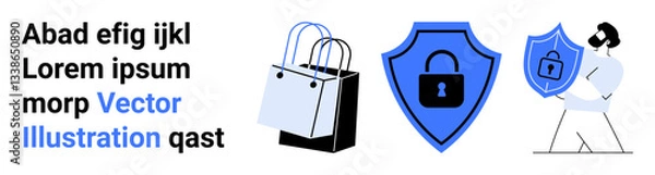 Fototapeta Shopping bags, shield with a lock, and a person holding a secured shield represent online shopping, data security, and customer protection. Ideal for e-commerce, cybersecurity, trust-building