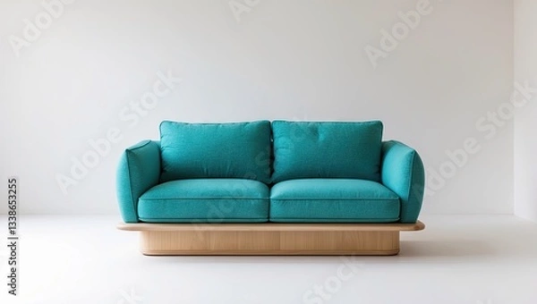 Fototapeta Turquoise fabric sofa with plush cushions and light wooden base centered on a clean white background showcasing modern furniture design elegance