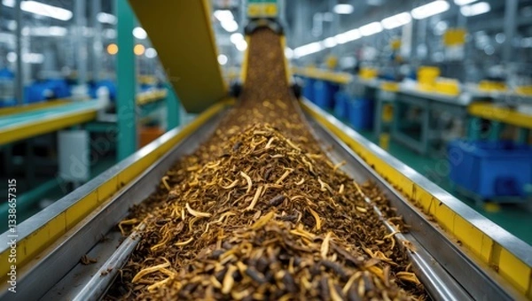 Fototapeta Tobacco leaves on conveyor belt in production facility with yellow conveyor, green sides, and blurred background elements in industrial setting.
