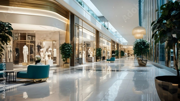Fototapeta A Luxurious Shopping Arcade Showcasing Elegant Boutiques And Pristine Displays, Bathed In Soft Light And Reflecting In Polished Floors